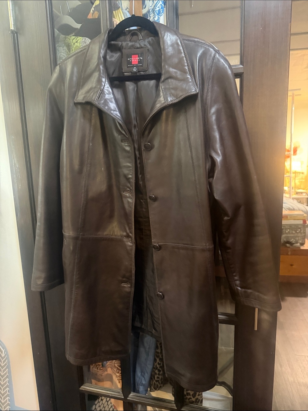 Gallery Dark Brown Leather Coat with Button Front